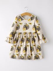 Pumpkin Leopard Print Autumn Girls Ruffle Two-Piece Dress