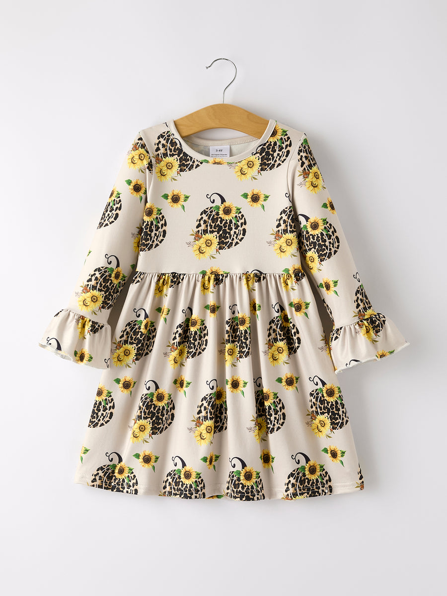 Pumpkin Leopard Print Autumn Girls Ruffle Two-Piece Dress