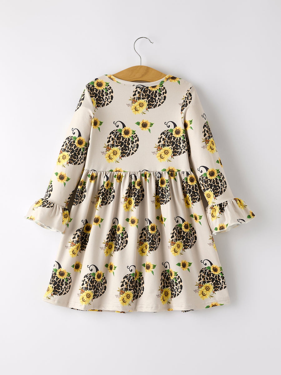 Pumpkin Leopard Print Autumn Girls Ruffle Two-Piece Dress