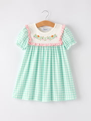Thanksgiving Day Fall Pumpkin Flowers Embroidered Check Girls Dress