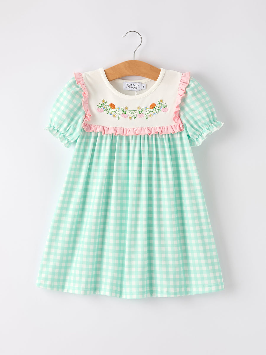 Thanksgiving Day Fall Pumpkin Flowers Embroidered Check Girls Dress