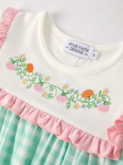 Thanksgiving Day Fall Pumpkin Flowers Embroidered Check Girls Dress
