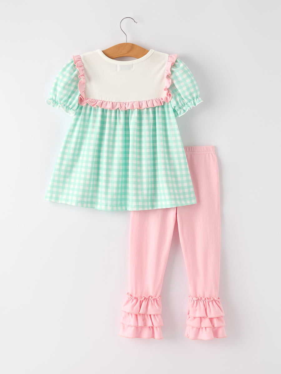 Thanksgiving Day Fall Pumpkin Flowers Embroidered Check Ruffles Girls Outfit