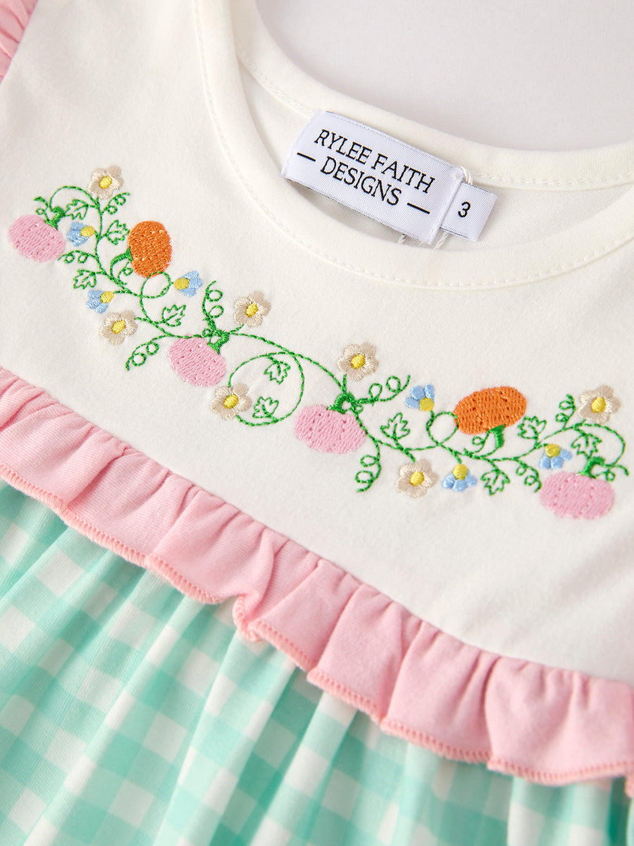Thanksgiving Day Fall Pumpkin Flowers Embroidered Check Ruffles Girls Outfit