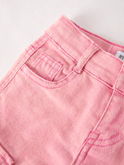 Pink Wide-Leg Denim Pants With Pockets