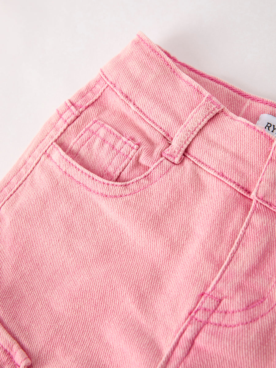 Pink Wide-Leg Denim Pants With Pockets
