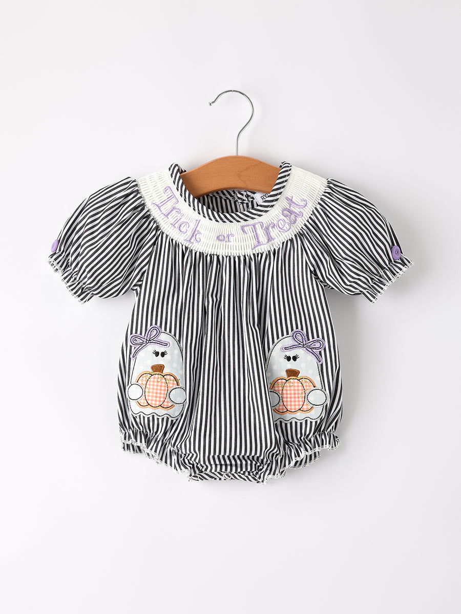 Halloween Striped "Trick Or Treat" Smock Embroidered Baby Girl Romper