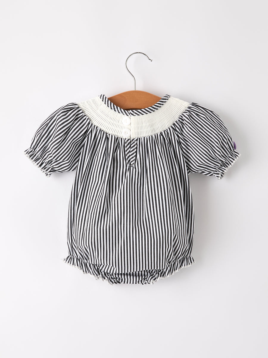Halloween Striped "Trick Or Treat" Smock Embroidered Baby Girl Romper