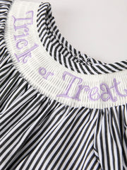 Halloween Striped "Trick Or Treat" Smock Embroidered Baby Girl Romper