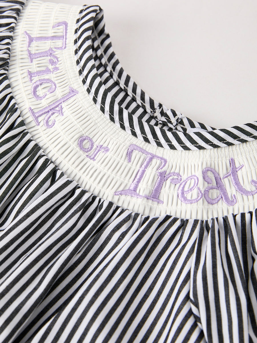 Halloween Striped "Trick Or Treat" Smock Embroidered Baby Girl Romper