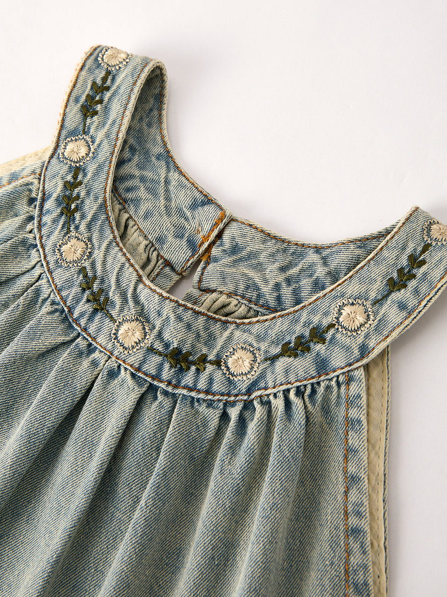 Summer Girls Embroidered Denim Sleeveless Dress