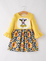 Farm Leopard Letter Cow Floral Print Bleached Girls Dress 3-Piece Set