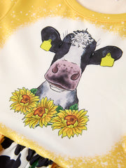 Farm Leopard Letter Cow Floral Print Bleached Girls Dress 3-Piece Set