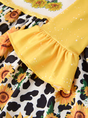 Farm Leopard Letter Cow Floral Print Bleached Girls Dress 3-Piece Set