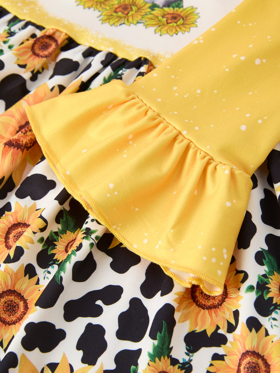 Farm Leopard Letter Cow Floral Print Bleached Girls Dress 3-Piece Set