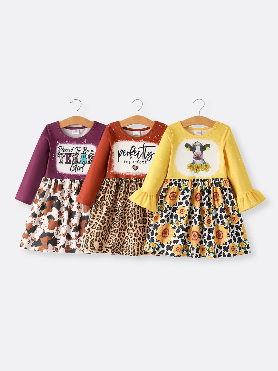 Farm Leopard Letter Cow Floral Print Bleached Girls Dress 3-Piece Set