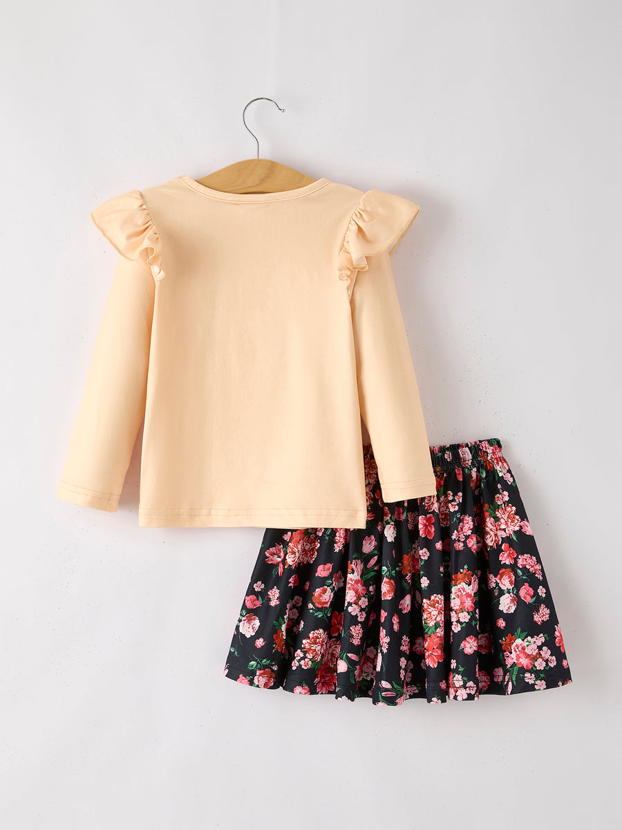Autumn and Winter Plaid Floral Letter Girls Outfit 6-Piece Set