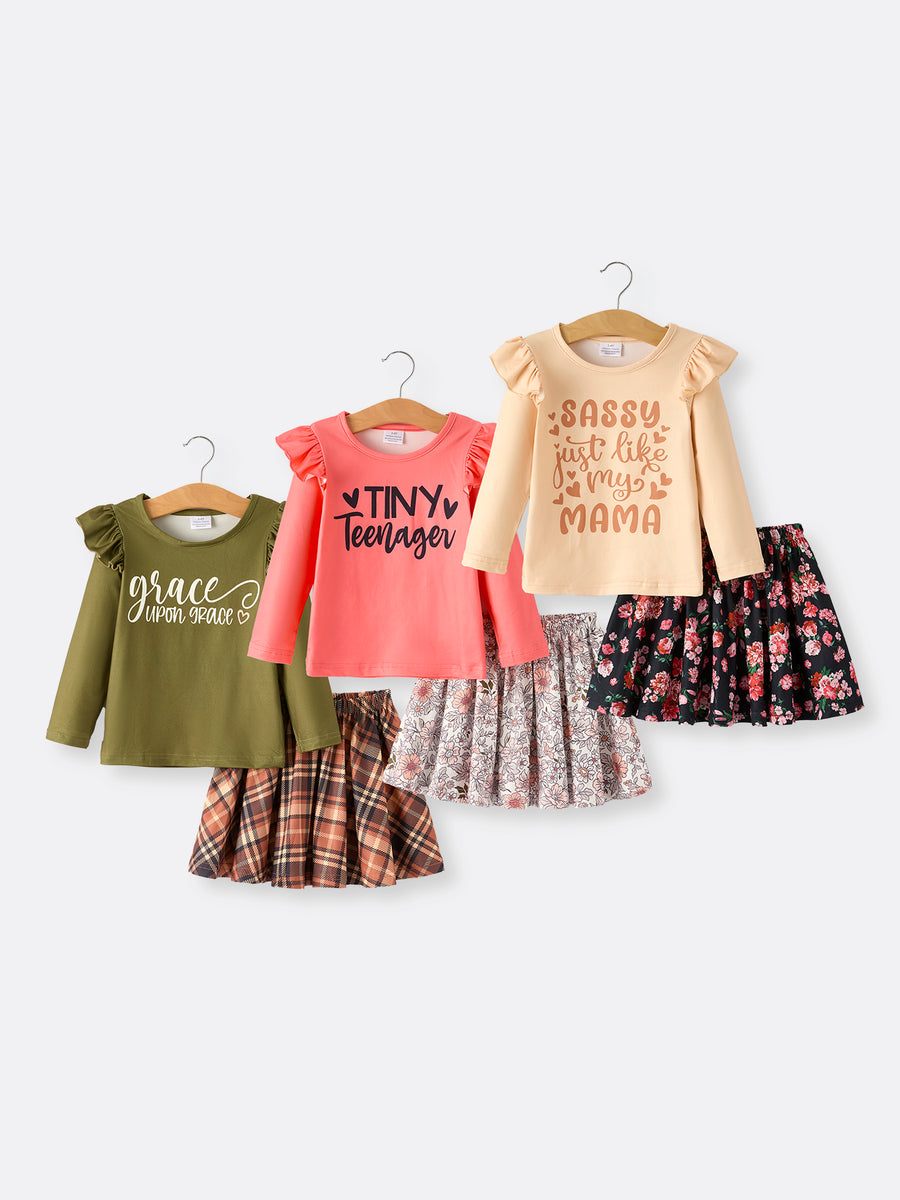 Autumn and Winter Plaid Floral Letter Girls Outfit 6-Piece Set