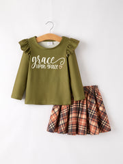 Autumn and Winter Plaid Floral Letter Girls Outfit 6-Piece Set