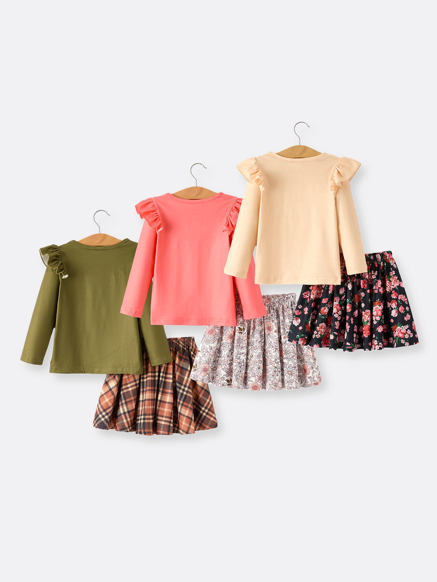 Autumn and Winter Plaid Floral Letter Girls Outfit 6-Piece Set