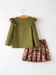 Autumn and Winter Plaid Floral Letter Girls Outfit 6-Piece Set