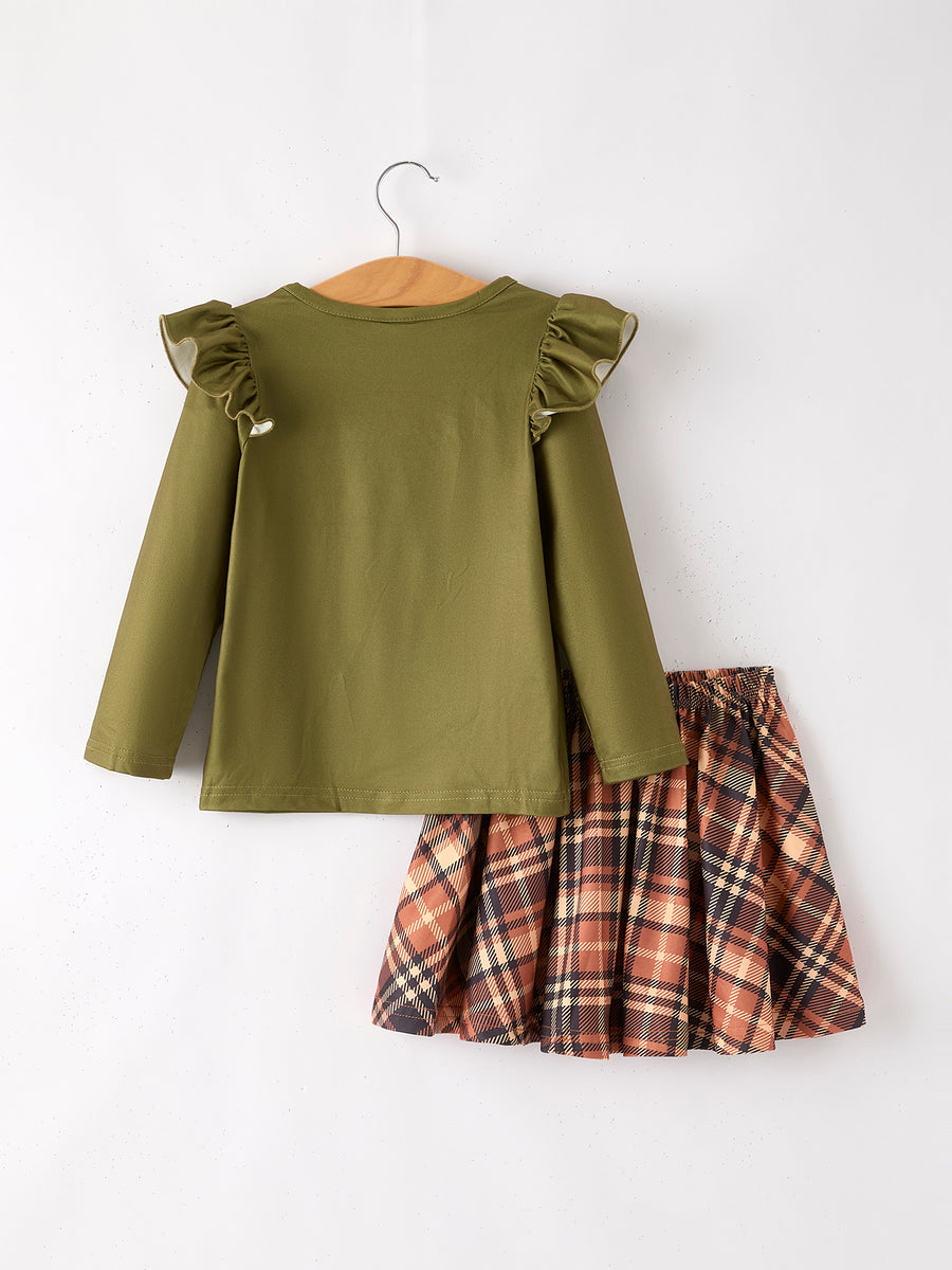 Autumn and Winter Plaid Floral Letter Girls Outfit 6-Piece Set