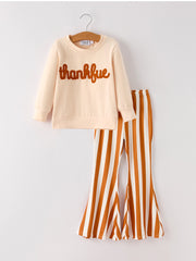 Fall Thanksgiving "thankful" Chenille Patches Stripe Girls Long Sleeve Set