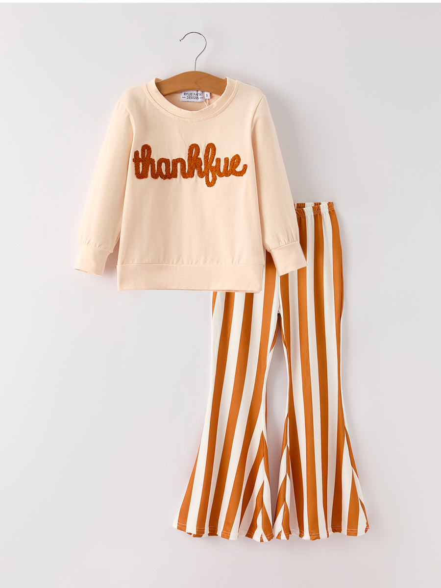 Fall Thanksgiving "thankful" Chenille Patches Stripe Girls Long Sleeve Set