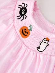 Fall Halloween Pink Spider Pumpkin Ghost Smock Embroidery Baby Girl Romper