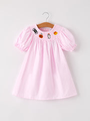 Fall Halloween Pink Spider Pumpkin Ghost Smock Embroidery Girl Dress