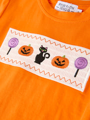 Fall Halloween Purple Balloon Pumpkin Cat Smock Embroidery Boy Set