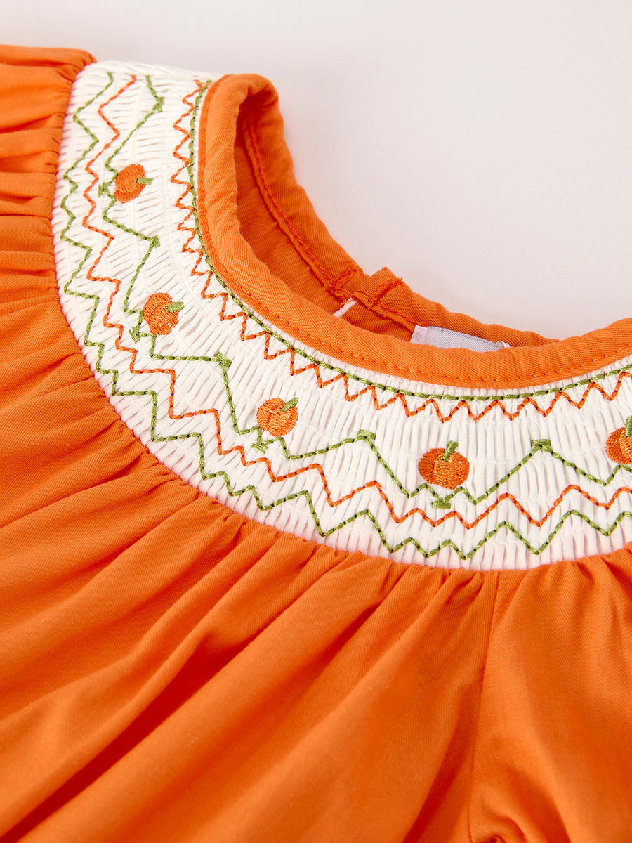 Fall Thanksgiving&Halloween Orange Pumpkin Smock Embroidery Lace Baby Girl Romper