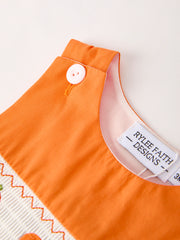 Fall Thanksgiving&Halloween Orange Pumpkin Smock Embroidery Baby Boy Romper