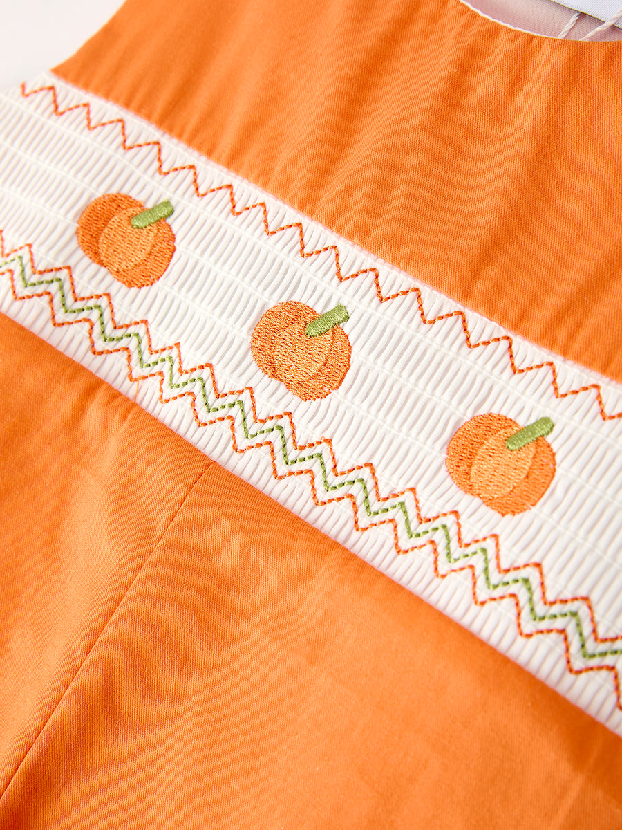 Fall Thanksgiving&Halloween Orange Pumpkin Smock Embroidery Baby Boy Romper
