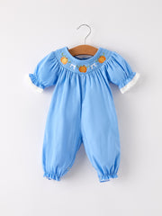 Fall Thanksgiving&Halloween Blue Pumpkin Smock Embroidery Lace Baby Girl Romper