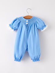 Fall Thanksgiving&Halloween Blue Pumpkin Smock Embroidery Lace Baby Girl Romper