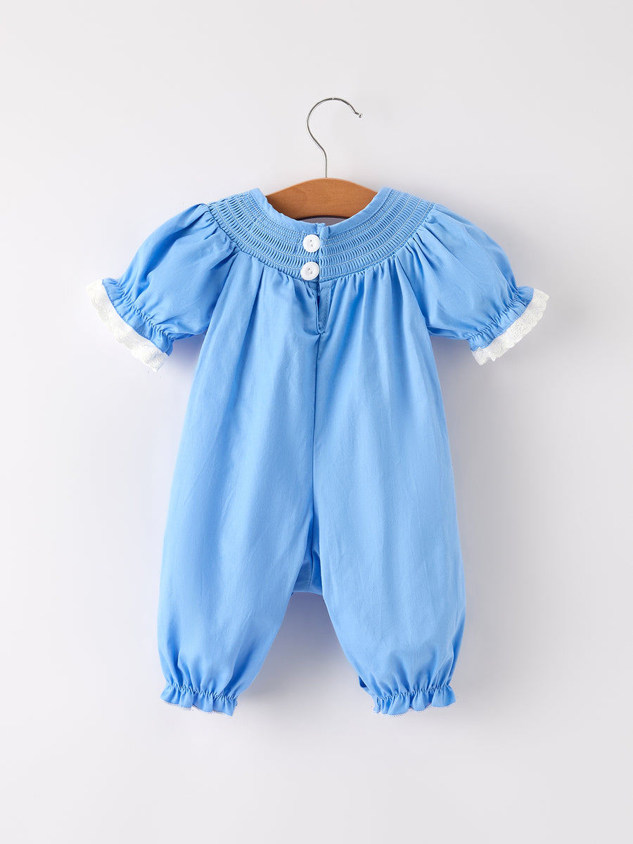 Fall Thanksgiving&Halloween Blue Pumpkin Smock Embroidery Lace Baby Girl Romper