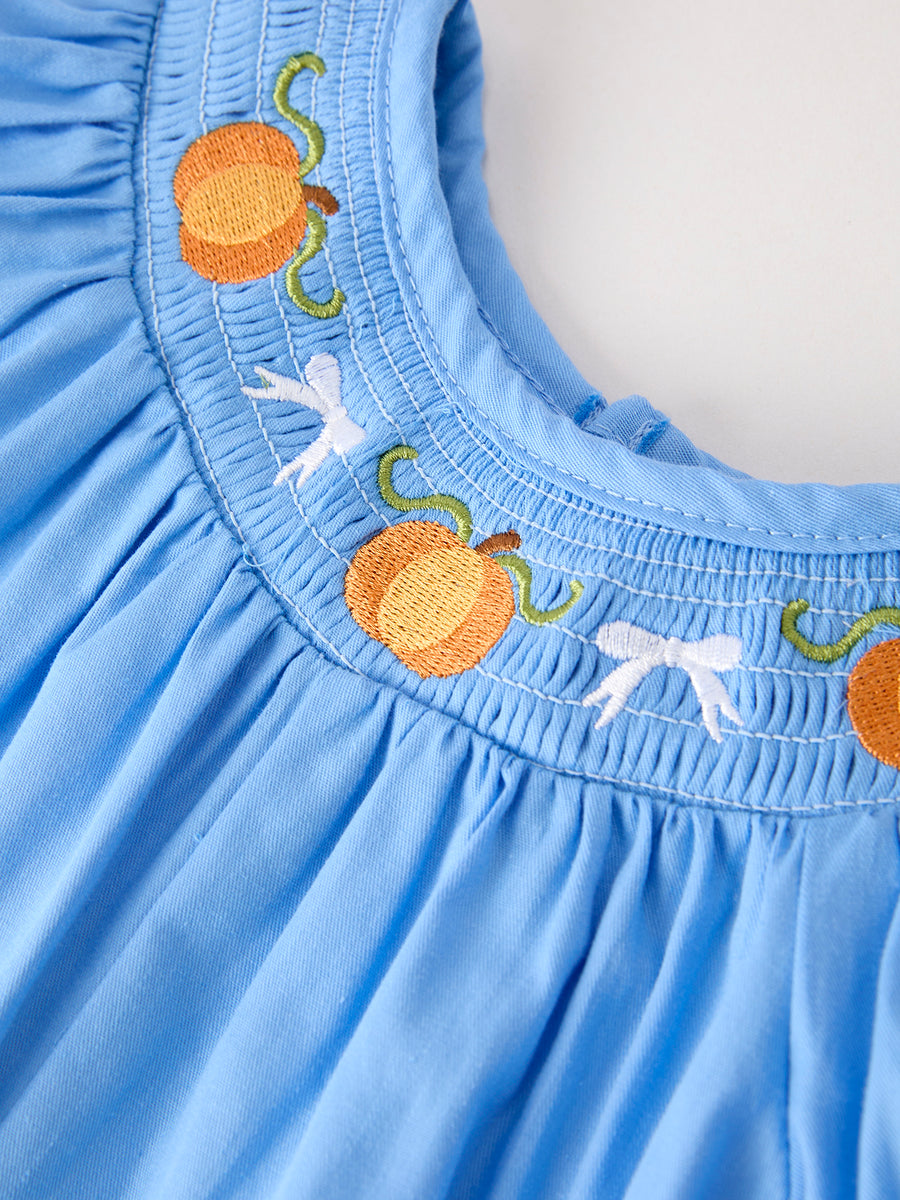 Fall Thanksgiving&Halloween Blue Pumpkin Smock Embroidery Lace Baby Girl Romper
