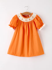Fall Thanksgiving&Halloween Orange Pumpkin Smock Embroidery Lace Baby Girl Dress