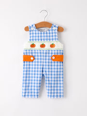 Fall Thanksgiving& Halloween Blue Pumpkin Smock Embroidery Baby Boy Romper