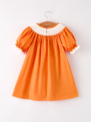Fall Thanksgiving&Halloween Orange Pumpkin Smock Embroidery Lace Baby Girl Dress