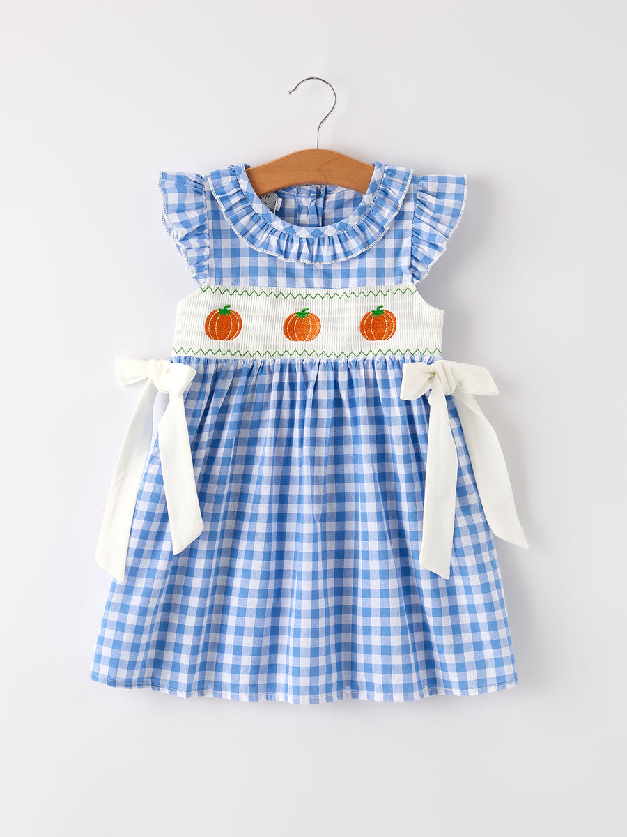 Fall Thanksgiving& Halloween Blue Pumpkin Smock Embroidery Baby Girl Dress