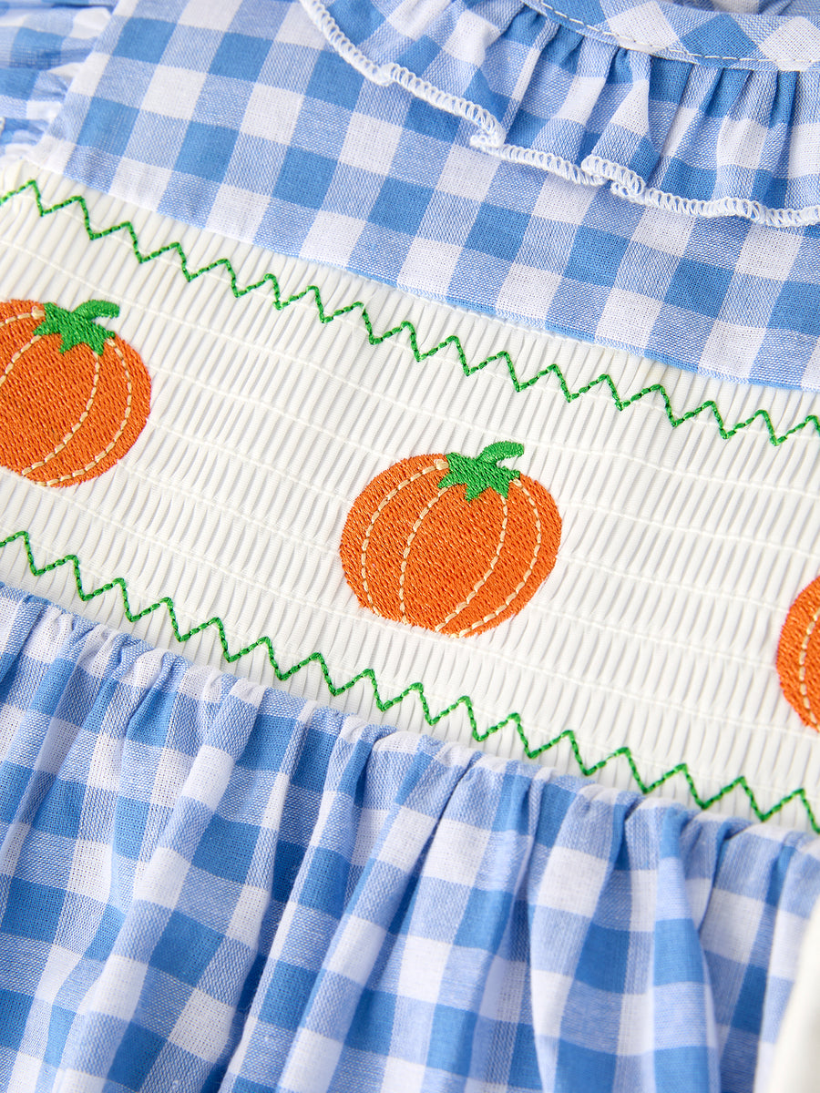 Fall Thanksgiving& Halloween Blue Pumpkin Smock Embroidery Baby Girl Dress