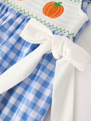Fall Thanksgiving& Halloween Blue Pumpkin Smock Embroidery Baby Girl Dress