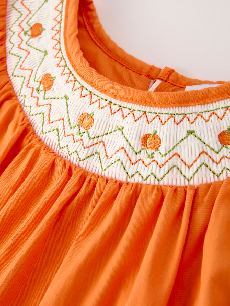 Fall Thanksgiving&Halloween Orange Pumpkin Smock Embroidery Lace Baby Girl Dress