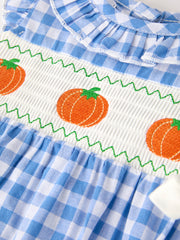 Fall Thanksgiving& Halloween Blue Pumpkin Smock Embroidery Baby Girl Romper