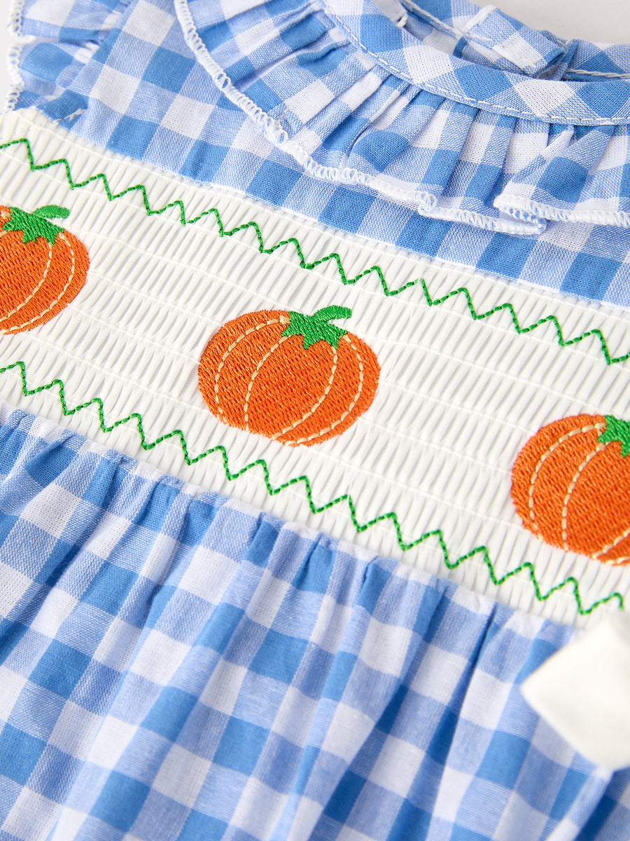 Fall Thanksgiving& Halloween Blue Pumpkin Smock Embroidery Baby Girl Romper
