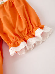 Fall Thanksgiving&Halloween Orange Pumpkin Smock Embroidery Lace Baby Girl Dress