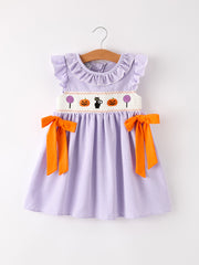 Fall Halloween Purple Balloon Pumpkin Cat Smock Embroidery Baby Girl Dress