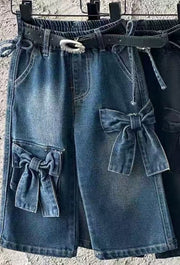 (Pre-Order)Girls Bow Stretch Wide-Leg Jeans No Belt